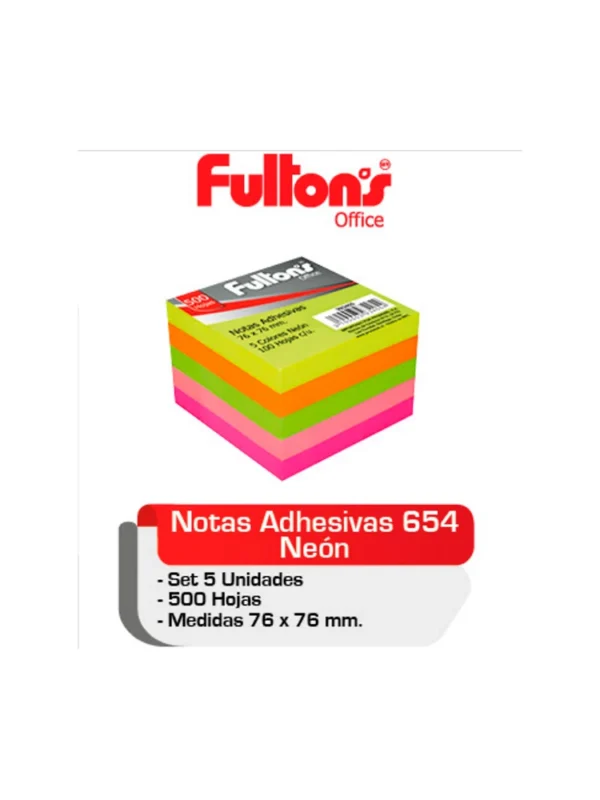 Nota adhesiva 76x76mm 5 colores neon 100 unidades Fultons