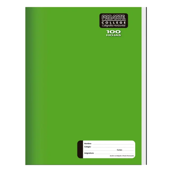 Cuaderno College Liso Caligrafía Horizontal Proarte verde claro